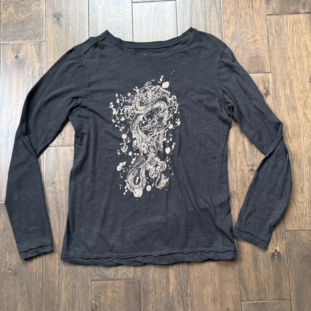 Cino Dragon Graphic Long Sleeve Tee Women XS Black Excellent Slub Cotton Edgy